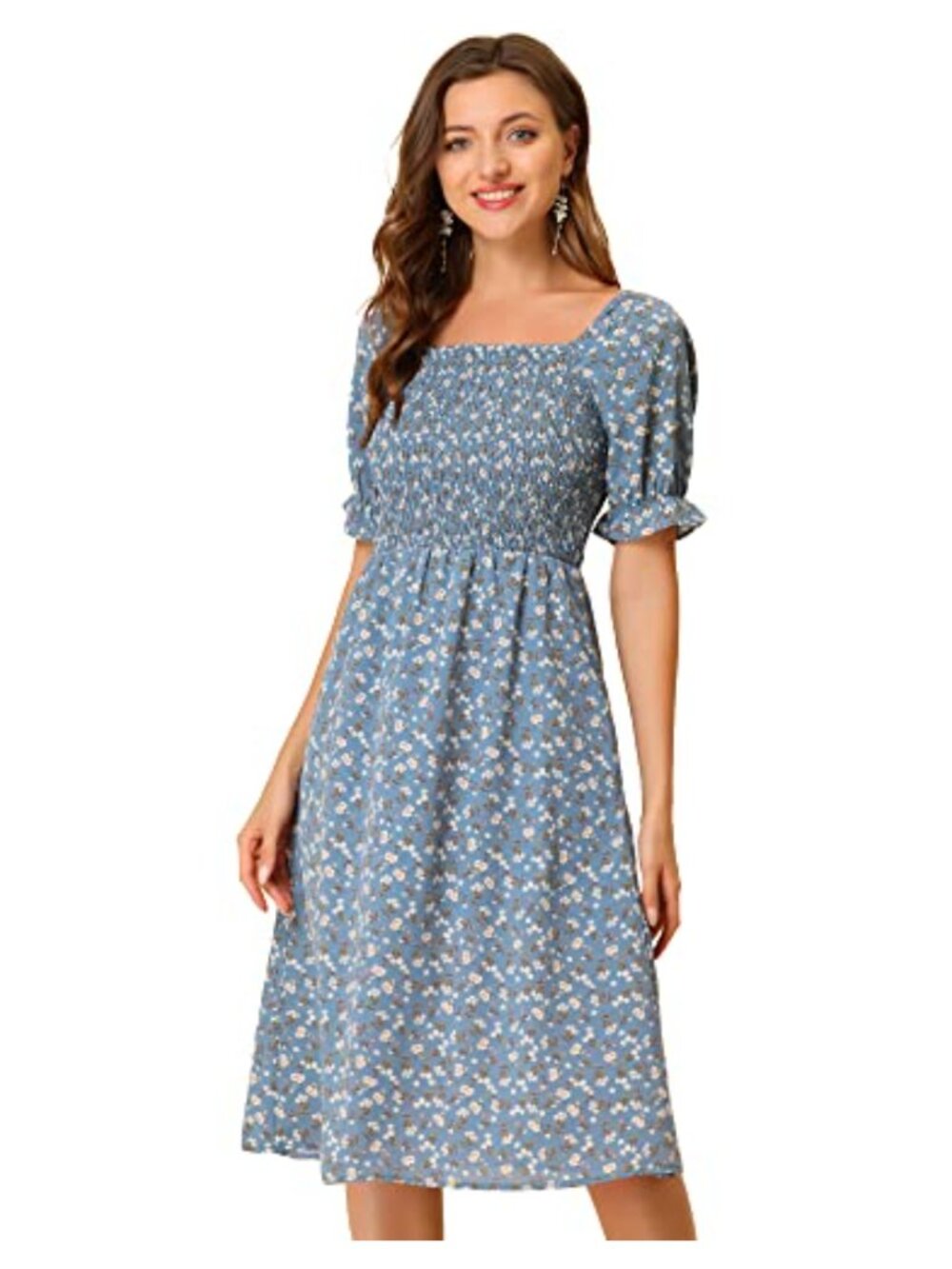Allegra K Women's Cottagecore Floral Smocked Puff Sleeve Midi Dress